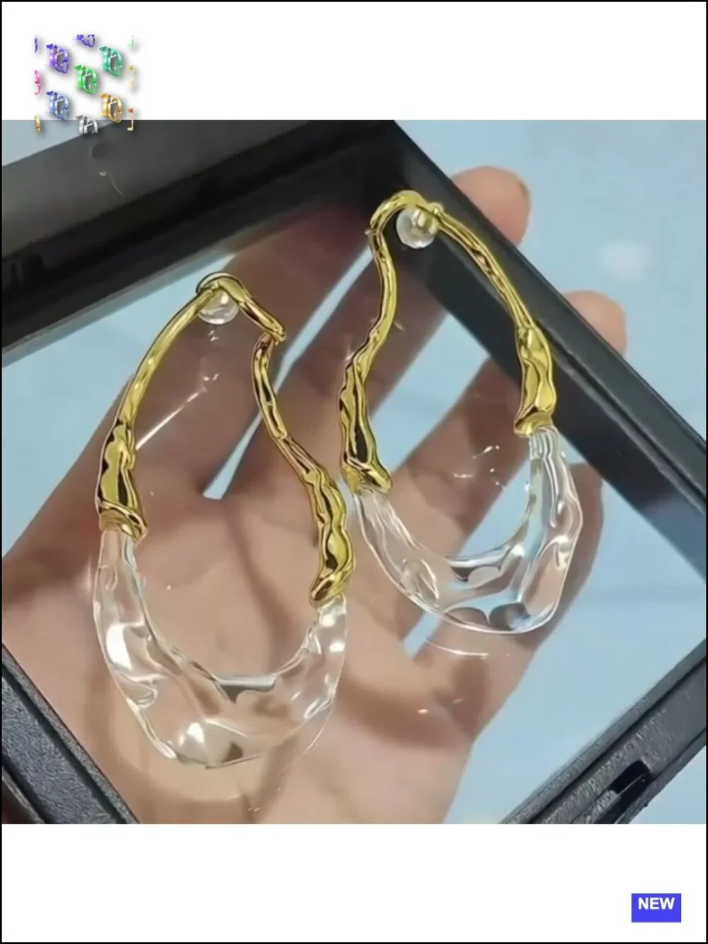 Gold Tone Geometric Hoop Earrings with Translucent Resin Droplet, Lightweight,